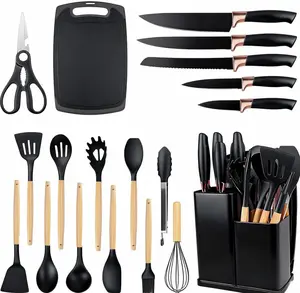non-stick compatible tool [TikTok Shop Holiday Haul] 19-Piece Kitchen Utensil Set with Holder - Silicone Cooking Tools with Wooden Handles, Knife Set, Scissors, Peeler, Pasta Server, Whisk, Spoon, Tongs & Other Utensil Organizer Storage Non-Stick Compatib
