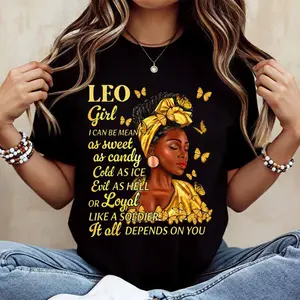 Leo Girl With Butterfly And Text Print T Shirt  Crew Neck Casual Wear For Leisure And Sports