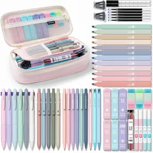 56 count Aesthetic School Supplies with Large Pencil Case, 6 Colored Ballpoint Pens, 12 Pastel Highlighters, 5 Black Ink Gel Pens, 9 Mechanical Pencils 0.5-2.0mm Student Essentials (Pink)