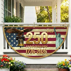 USA 250th Anniversary Half Fan Half Circle Patriotic Flag, Weatherproof Polyester Semicircle Fence Banner, 1776-2026 Fourth Of July Independence Day Outdoor Porch Decoration
