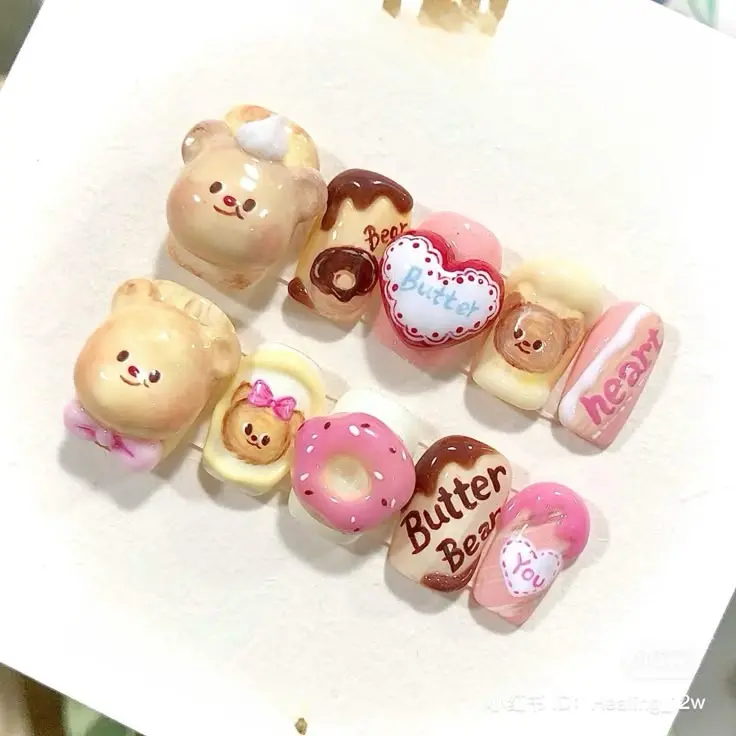 Cute Bear Press On Nails Handmade 3D Dessert Reusable Nail Set| FREE Adhesive Tabs FREE Nail File FREE Cuticle Stick