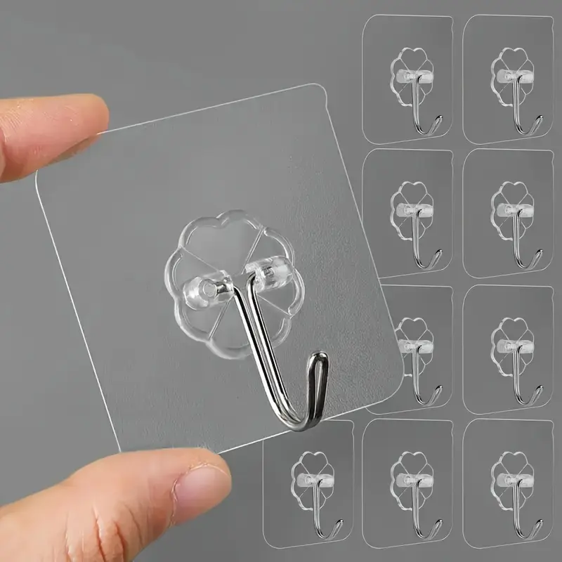 20/40pcs No-Drill Wall Hooks, Strong Adhesive Transparent Sticky Plastic Hooks, Multi-Purpose Bathroom Kitchen Hooks, Hanging Hooks, Self Adhesive Hooks