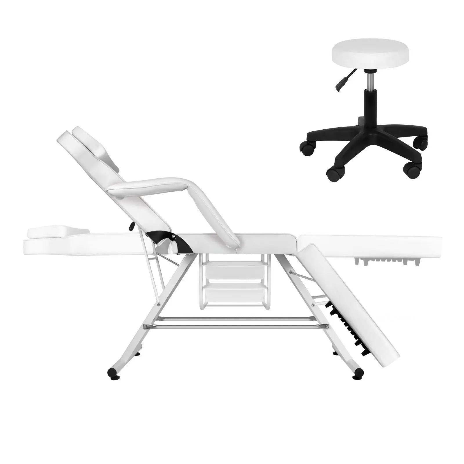 Heavy-Duty Alloy Steel Professional Tattoo Chair with Stool + 2 Storage Trays, Multi-Use Beauty Bed for Tattoo, Lash Extensions, Salon & Spa Tools, White