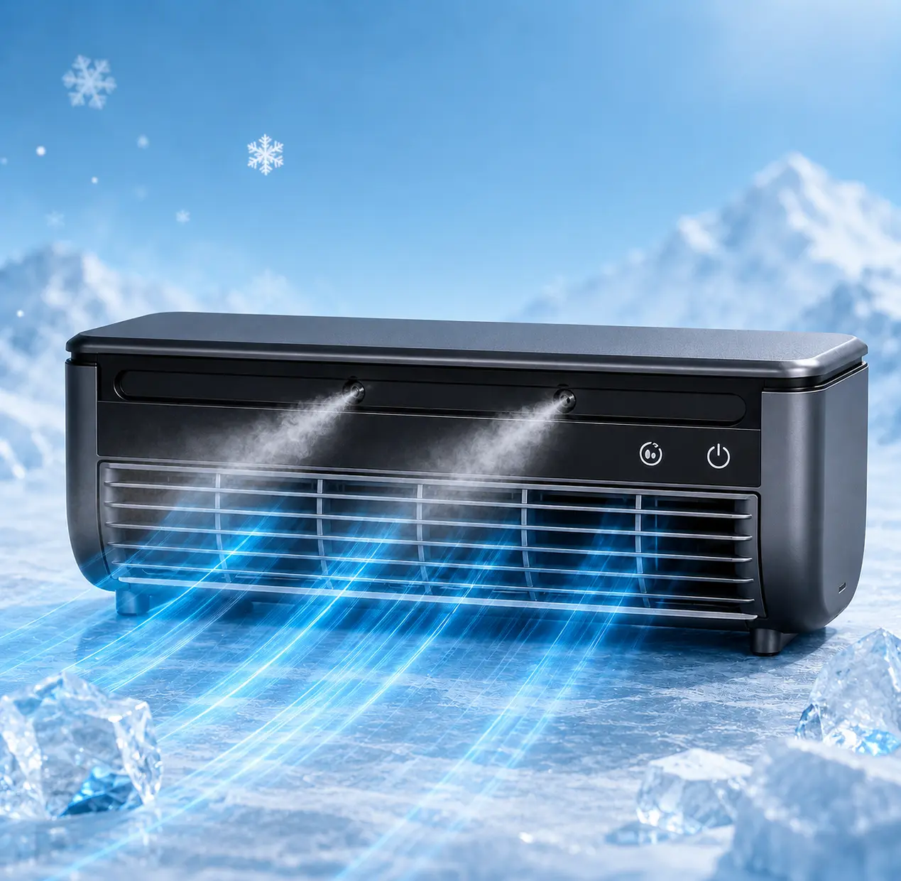 【Not an air conditioner】Portable Ice Mist Rechargeable Cooling Fan | Can be used standing or wall-mounted | Strong wind and humidifying function, comes with a remote control, suitable for kitchen, outdoor, and RV use | 6000mAh high-performance battery