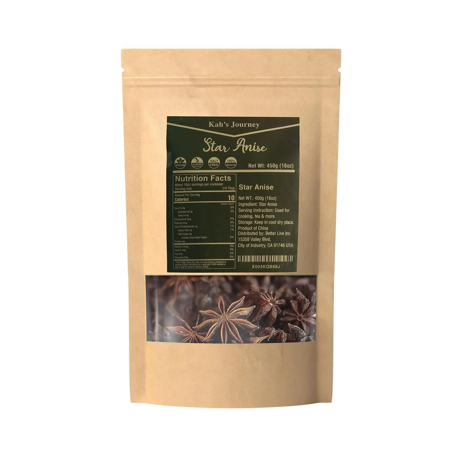 Kah's Journey Star Anise Whole 14 oz for Cooking, Baking, or Brewing Tea, Chinese Star Anise Bulk Bag Natural
