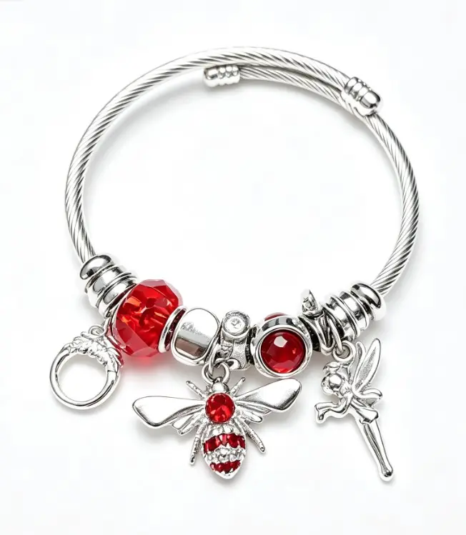 Adjustable Twist Wire Bangle Bracelet with Sparkling Red Crystal Bees and Fairy Charms, Silver Tone Open Cuff Bracelet Jewelry Gift for Women