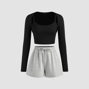 Cider [size 2-26] U-neckline Solid Crop Cami Top & Solid Shrug & Mid Rise Solid Knotted Shorts Set