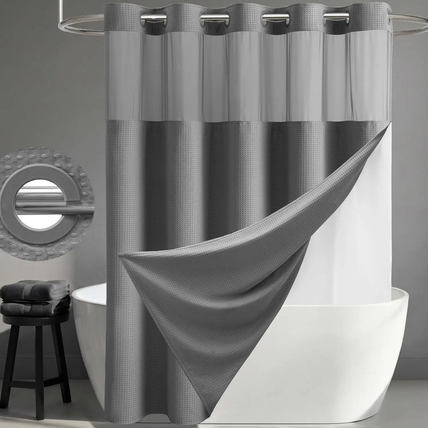 No Hook Premium Washable Waffle Weave Shower Curtain Set, Heavy Duty Double Layer with Snap-in Detachable Waterproof Liner & Mesh Window, Modern Bathroom Accessory for Hotel, Salon, Dector, Household Items, bathroom curtains, cortinas para el baño