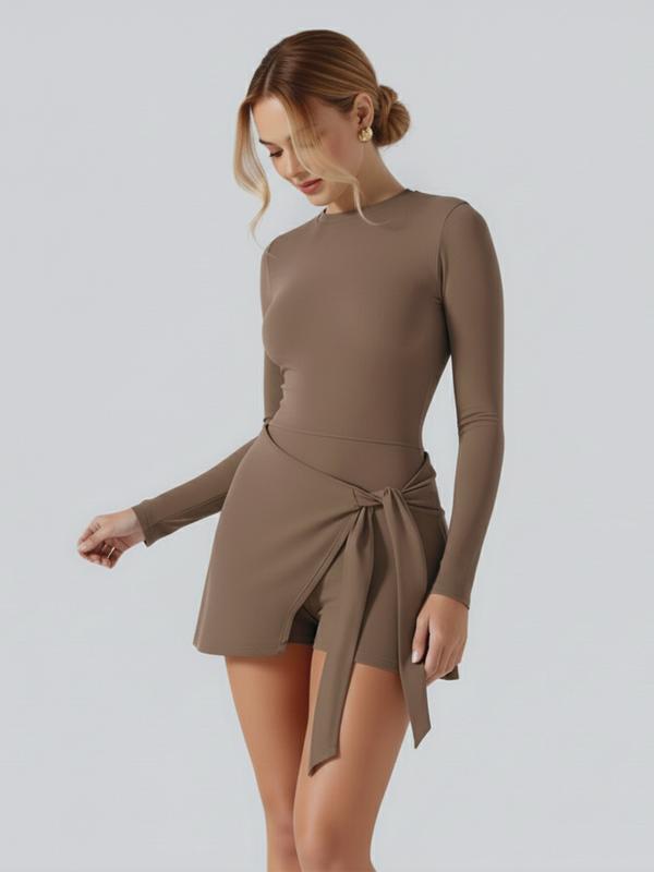 Women's Long Sleeve Solid Color Tennis Dress with Side Slit & Built-in Shorts High Stretch Nylon for Yoga Golf Athletic Activities Crew Neck Spring Summer