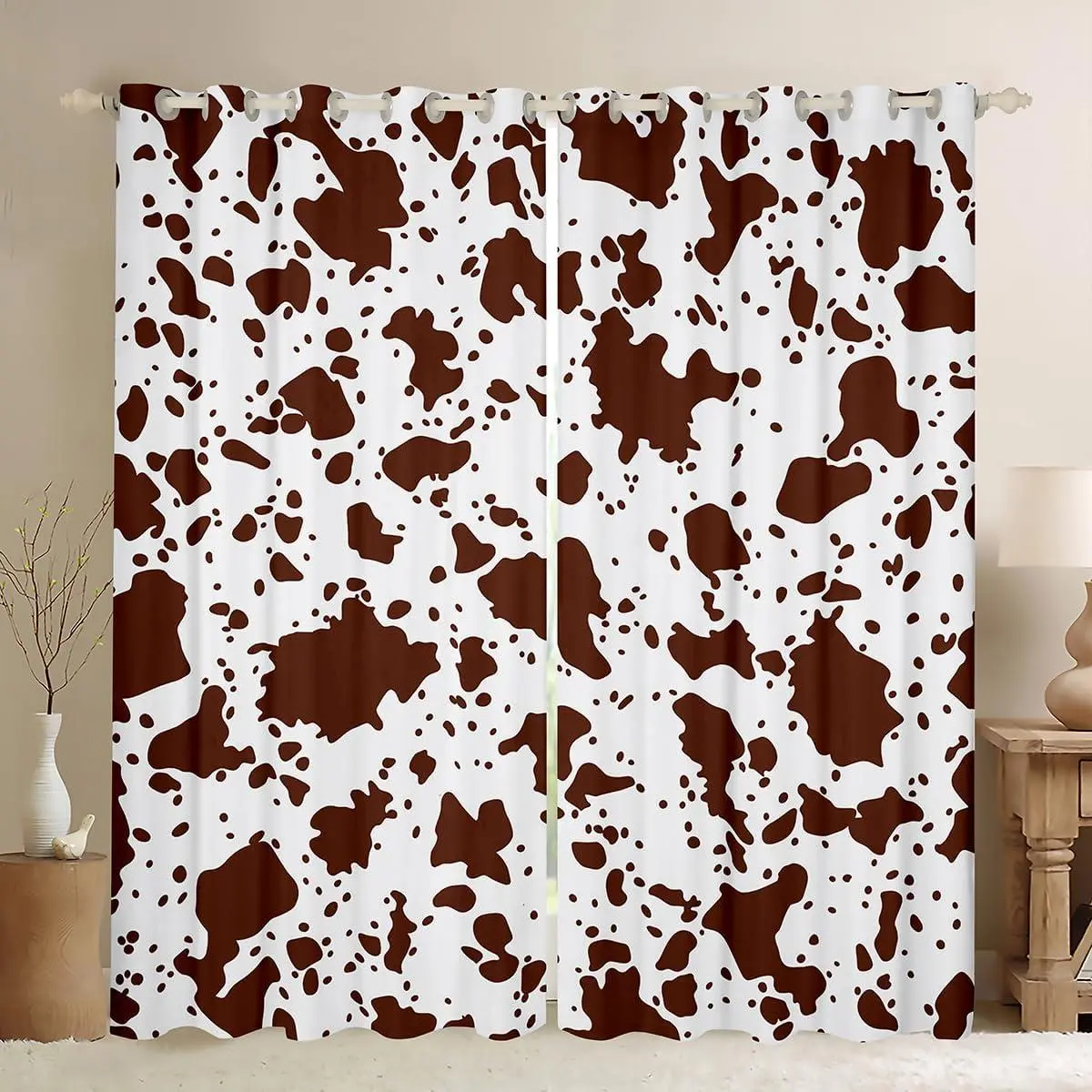 Cow Fur Print Window Curtains Bedroom,White Brown Cowhide Curtains Living Room for Kids Boys Room Decor Animal Skin Print Blackout Curtains 76Wx45L,Farmhouse Cow Print Window Drapes