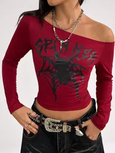 Y2K Off-Shoulder Long Sleeve Graphic Slim Top, Emo Style Clothing, Grunge Style Clothing, Sexy Y2K Emo Top, All Seasons Fashion