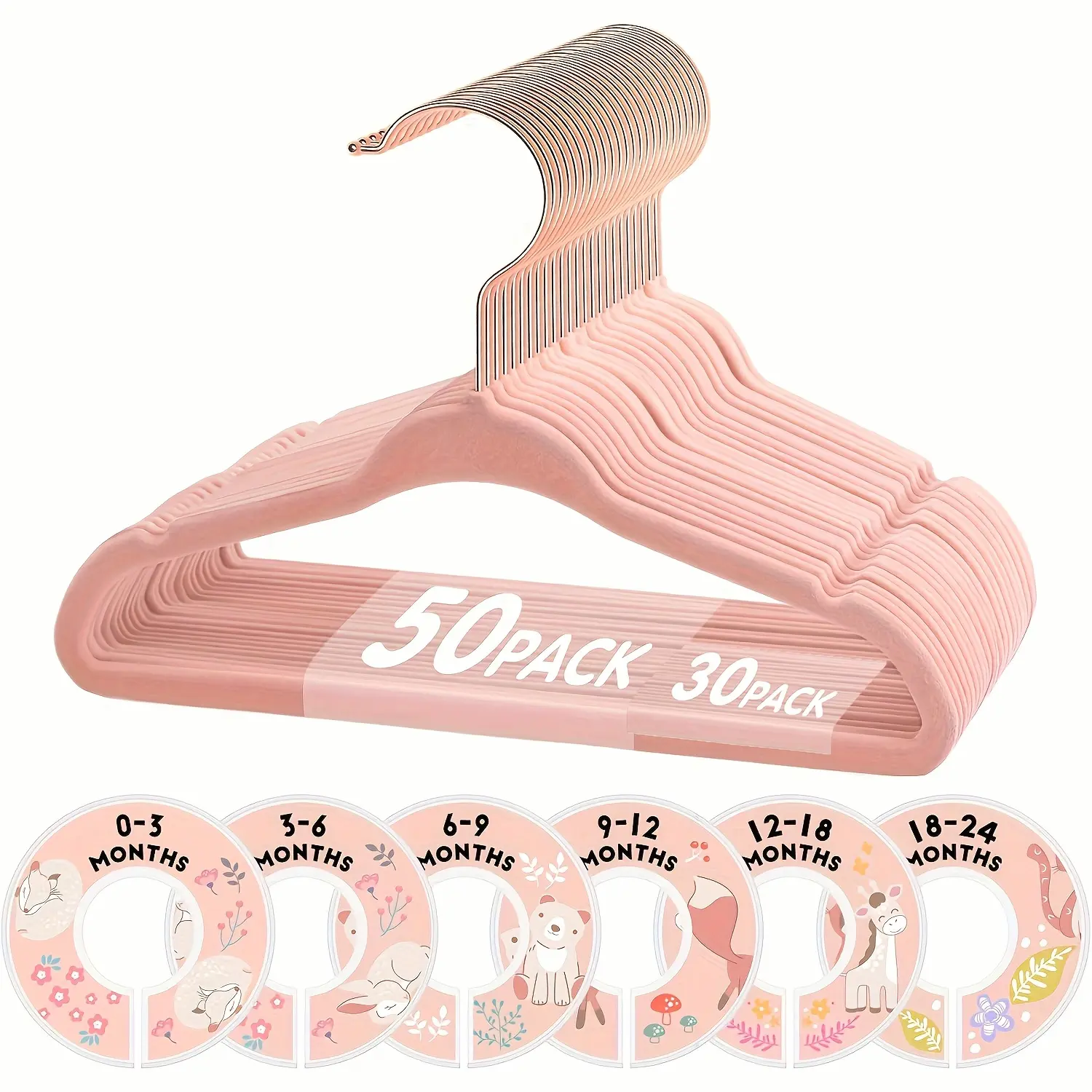 Baby Hangers, JEOWOQAO 11 Inch Pink Velvet Kids Hangers With 6pcs Size Dividers Non Slip Nursery Children Closet Clothes Hangers For Infant Toddler Girls And Boys 50/30pcs