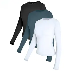 Women's 3-Piece Long Sleeve Shirts Basic Crop Tops Going Out Fall Fashion Underscrubs Layer Slim Fit Y2K Tops Soft Fabric Crew Neck Casual Streetwear Haze Blue White Black