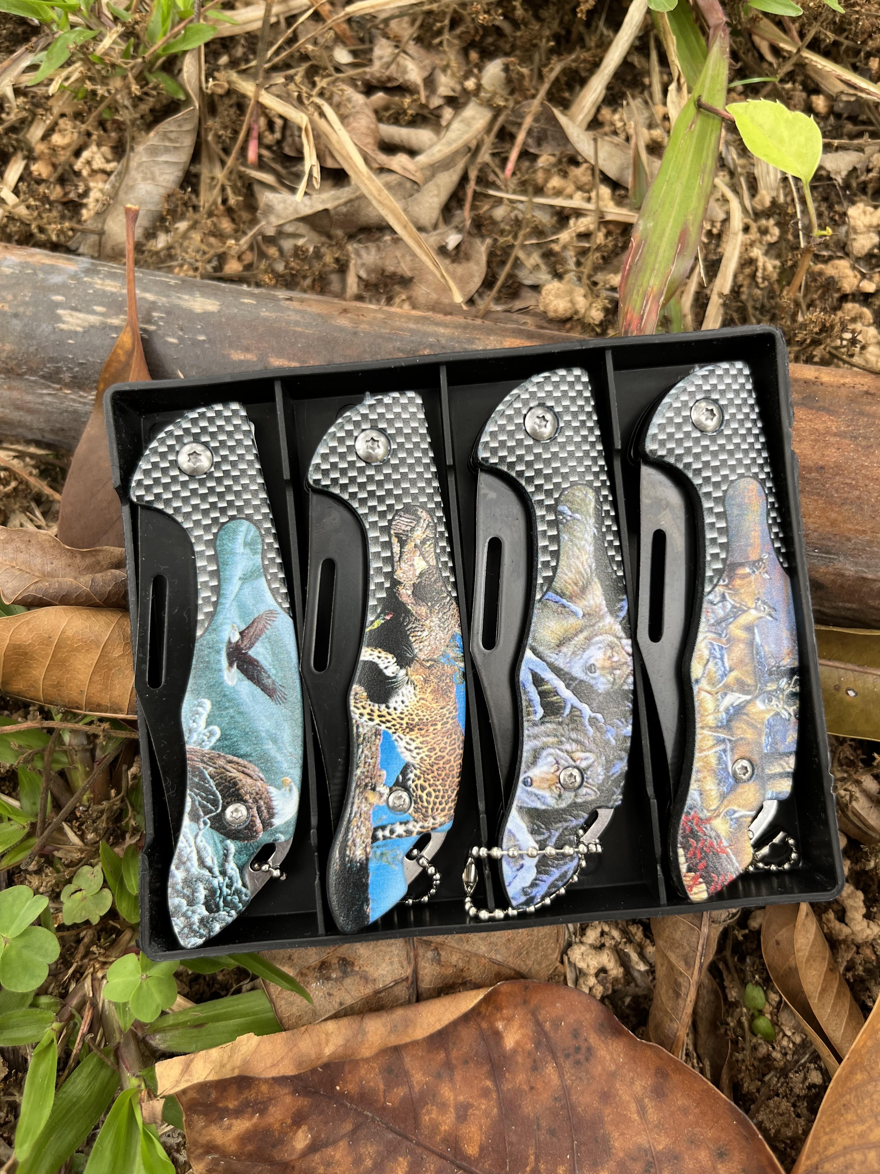 4-piece folding pocket knife, animal-style stainless steel handle, EDC knife, outdoor gear, suitable for outdoor camping fishing