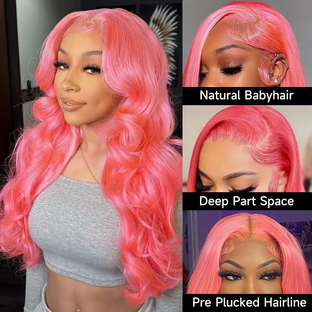 Pink Lace Front Wig Human Hair 13x6 Colored 30 Inch Human Hair Wig 12A 180 Density Lace Front Wigs Human Hair Pre Plucked Colored Pink Body Wave Lace Frontal Wigs