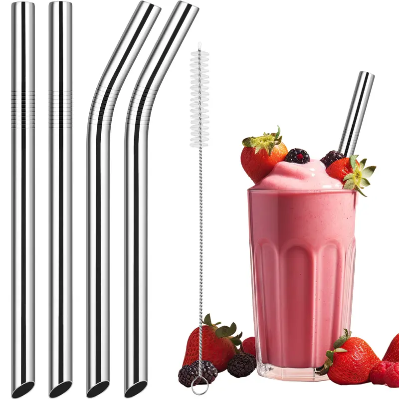 NiHome 4-Pack Cold-Chill BPA-Free Hand Polished Stainless Steel Reusable Straw Set - 10.4in Straight & Bent Utensils for Boba, Tea, Cold Drinks, 1 Cleaning Brush (Bar & Kitchen Utensils for Beverage Enthusiasts)