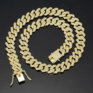 18K alloy gold-plated Cuban chain necklace with rhinestones, 14mm diamond full diamond, men's hip-hop style, heavy personality chain