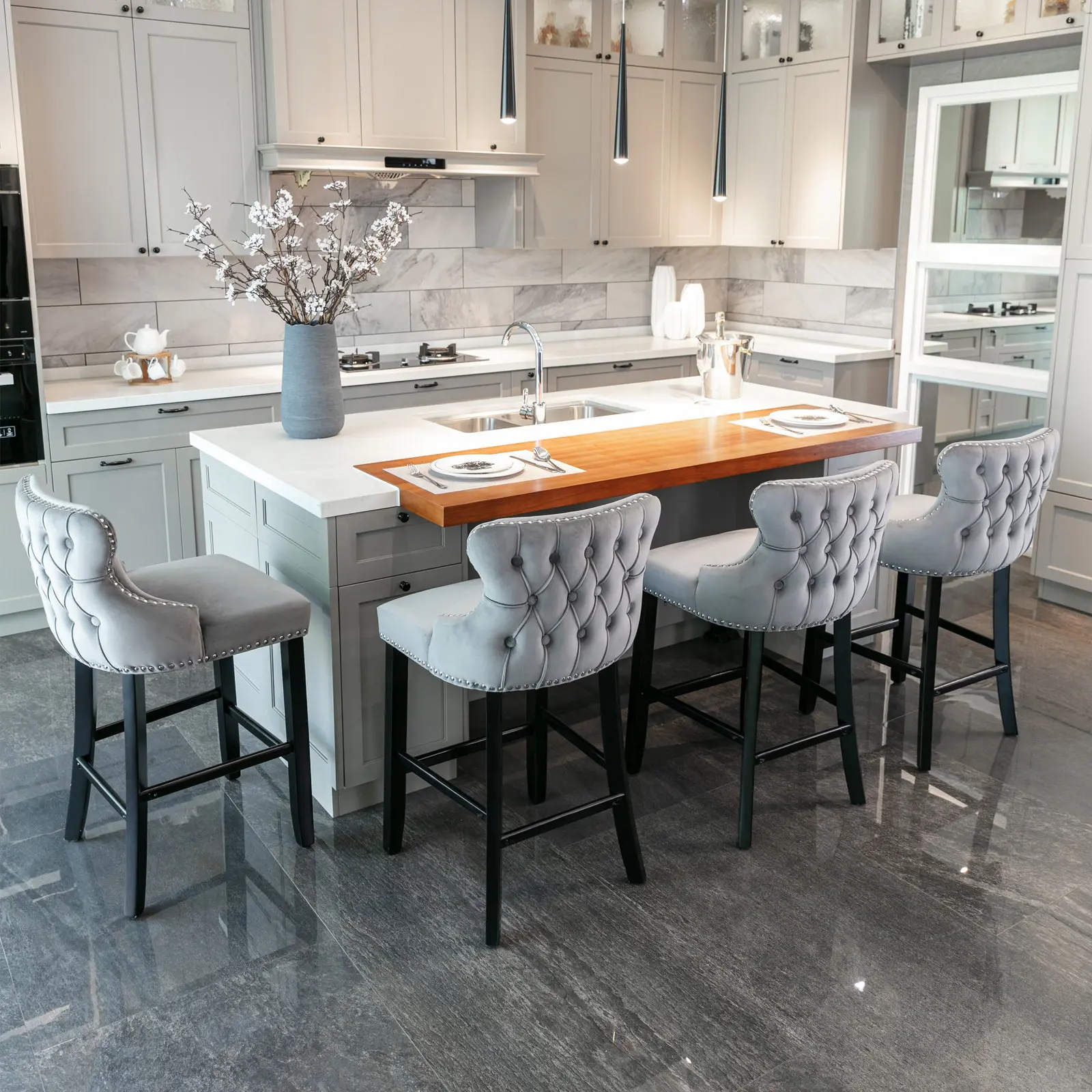 Contemporary Velvet Upholstered Wing-Back Barstools with Button Tufted Decoration and Wooden Legs, and Chrome Nailhead Trim, Leisure Style Bar Chairs,Bar stools, Set of 2