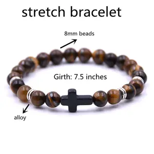 TTZZ Natural Stone Elastic Cross Bracelet - Prayer Bracelet for Women, Men, Boys & Girls with Adjustable 8mm Stone Beads and Elastic Cord