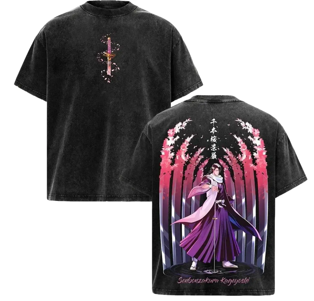 Byakuya Kuchiki Senbonzakura Kageyoshi Vintage Washed Oversized Graphic Tee Premium Cotton Bleach Anime Shirt for Men & Women Soul Reaper Captain Japanese Streetwear Y2K Retro Anime Clothing Cosplay Casual Wear Trendy TikTok Fashion Top Gifts