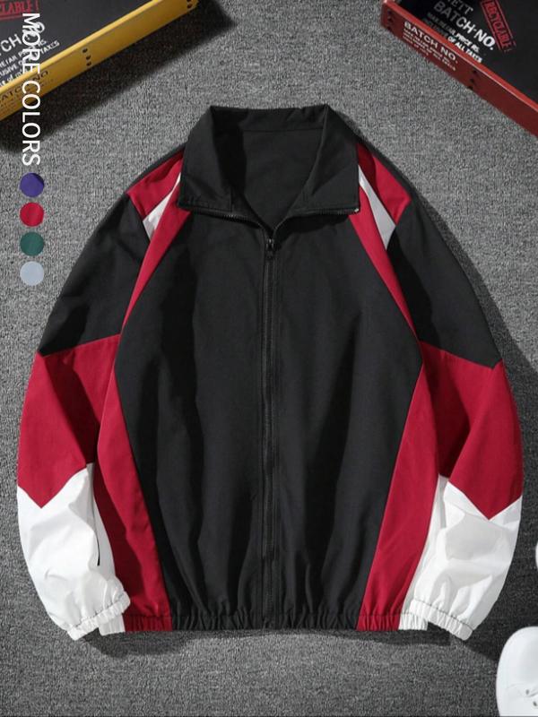 Men's Colorblock Zip Up Jacket, Regular Fit Casual Long Sleeve Outerwear for Spring & Fall, Fashion Men's Clothes for Daily Wear Tops