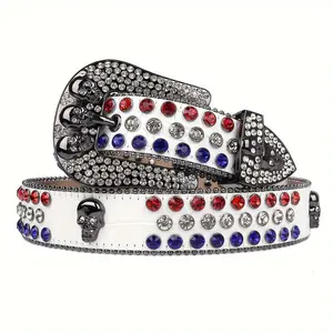 Unisex Patriotic Skull Belt | Handcrafted American Flag Rhinestone on Vegan Leather  Adjustable Biker Gift for Dad & Mom, Father's Day modern  belt goth  belt