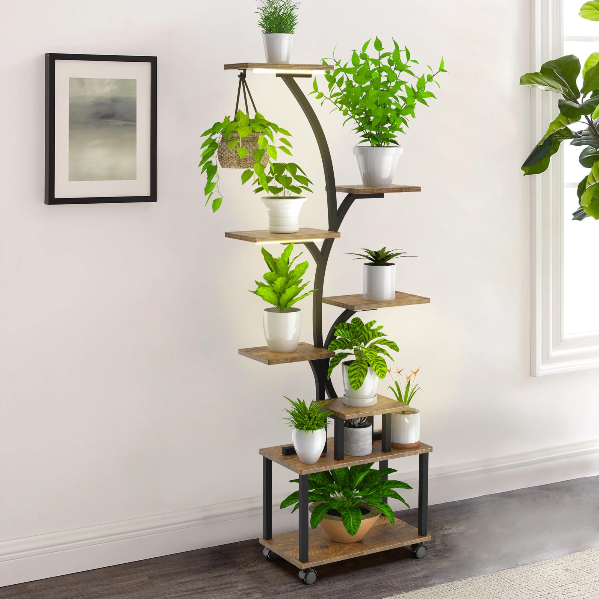 Indoor plant stand with grow lights - 62inch Tall plant stand, indoor growing corner stand with lights, 8-tier large flower stand, S-shaped living room decorative stand, patented design, black