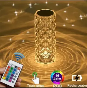 RGB color-changing artificial crystal table lamp, featuring a rose diamond design, creating a creative and atmospheric ambiance, Suitable for home and party decoration, with remote control dimming, USB charging, and touch sensor functions.