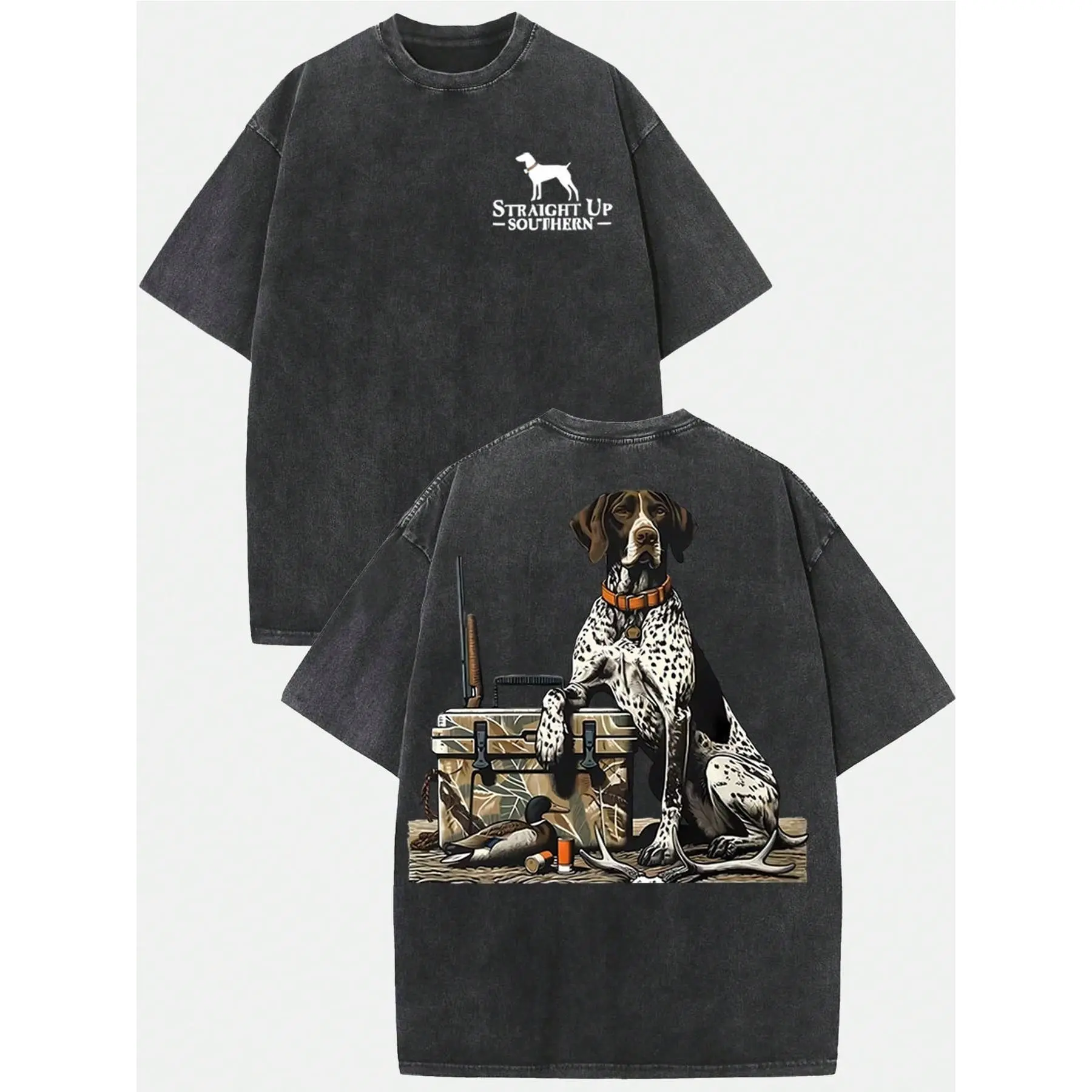 Men's Retro Washed Casual Short-Sleeve Round Neck Cotton Graphic Tee - Black, German Shorthaired Pointer Print, Southern Hunting Gear, Unisex Streetwear Top, Shortsleeve, T-Shirt, Graphic T Shirts, Mens Clothing, Chic, Preppy, Watch Party, Graphic Art, Ou