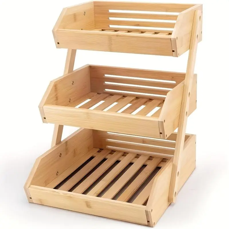 3-Tier or 2-Tier Heavy-Duty Wood Fruit Basket Stand Suitable for - Large Capacity Multi-Level Countertop Shelf with Natural Wood Finish & Open Slat Airflow Design, Pantry Organizer, Bread, Vegetables, Produce