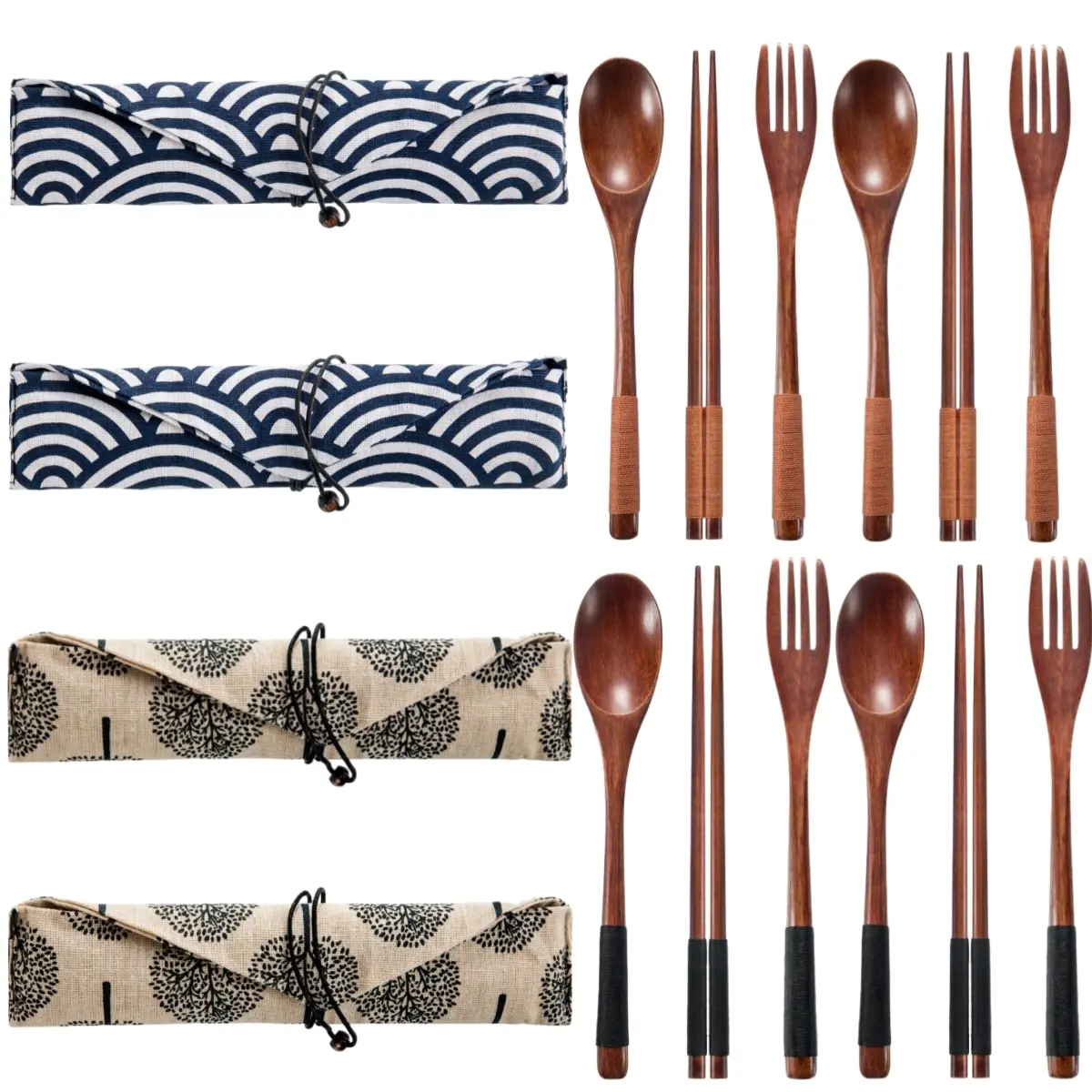 4/2 Set Wooden Utensil Kit,Include Wooden Fork Spoon Chopsticks,Reusable Portable Flatware Cutlery,Travel Utensils for Eating,Tied Line Flatware with Pouch for Lunch Camping Traveling,Hand Tools Kits