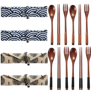 4/2 Set Wooden Utensil Kit,Include Wooden Fork Spoon Chopsticks,Reusable Portable Flatware Cutlery,Travel Utensils for Eating,Tied Line Flatware with Pouch for Lunch Camping Traveling,Hand Tools Kits