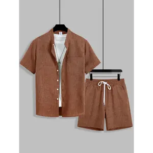 Men’s textured short-sleeve set, luxurious casual style, stand-up collar shirt, elastic-waist drawstring shorts, suitable for everyday wear in summer GARMENTARY