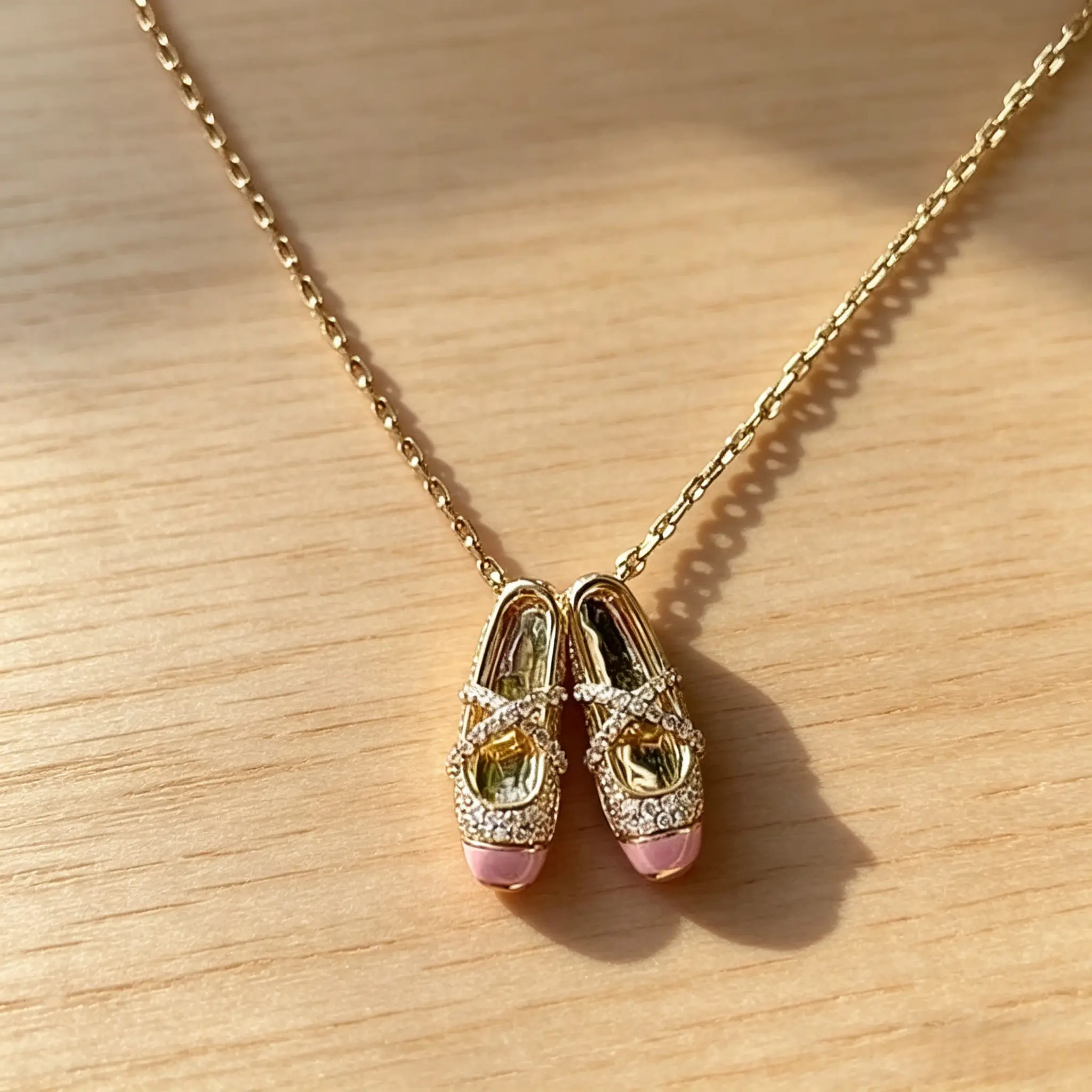 Whimsical Ballet Shoe Pendant Necklace in Gold Plate with Pink Enamel & CZ, Dainty Adjustable Chain for Dancers, Sentimental Friendship Gifts