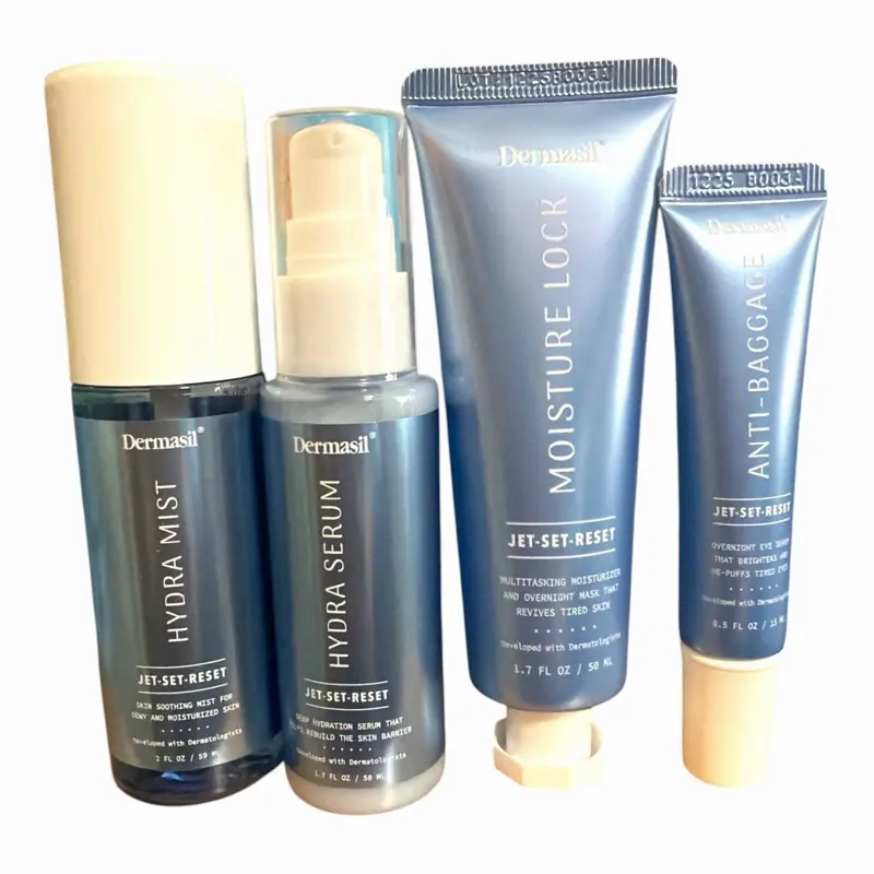 Jet Set Reset 4-Pc Dermasil Hydrating Hydro Skincare Set – Exfoliating, Cleanser,Moisturizer with Skin Repair & Hydrate Benefits travel set