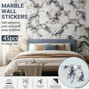 45pcs Luxury Tile Effect Self-Adhesive Wall Stickers, Waterproof Wallpaper, 11.8x11.8 Inch, Kitchen, Living Room, Bathroom, Office Background