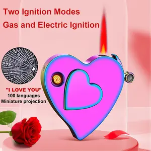 3-in-1 Dual-Heart Lighter: Windproof Flame, 100 I Love You Laser Projections, Gift for Couples (Home/Party Use)