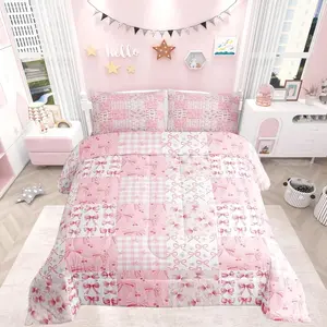 Pink Bow Comforter Set Kids Bowknot Plaid Bedding Set for Girls Gift for Girls Women Grid Comforter Breathable Kawaii Princess Decor Quilt