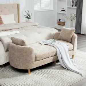 Eyisean 77.2" chenille modern upholstered end-of-bed bench, comfortable chaise lounge sofa with armrest and pillow, durable daybed seating with rubber wood legs, easy-assembly bench shoe stool for apartment