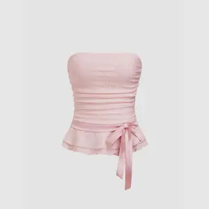 Cider Lace Lettuce Trim Bowknot Ruched Bandeau Top