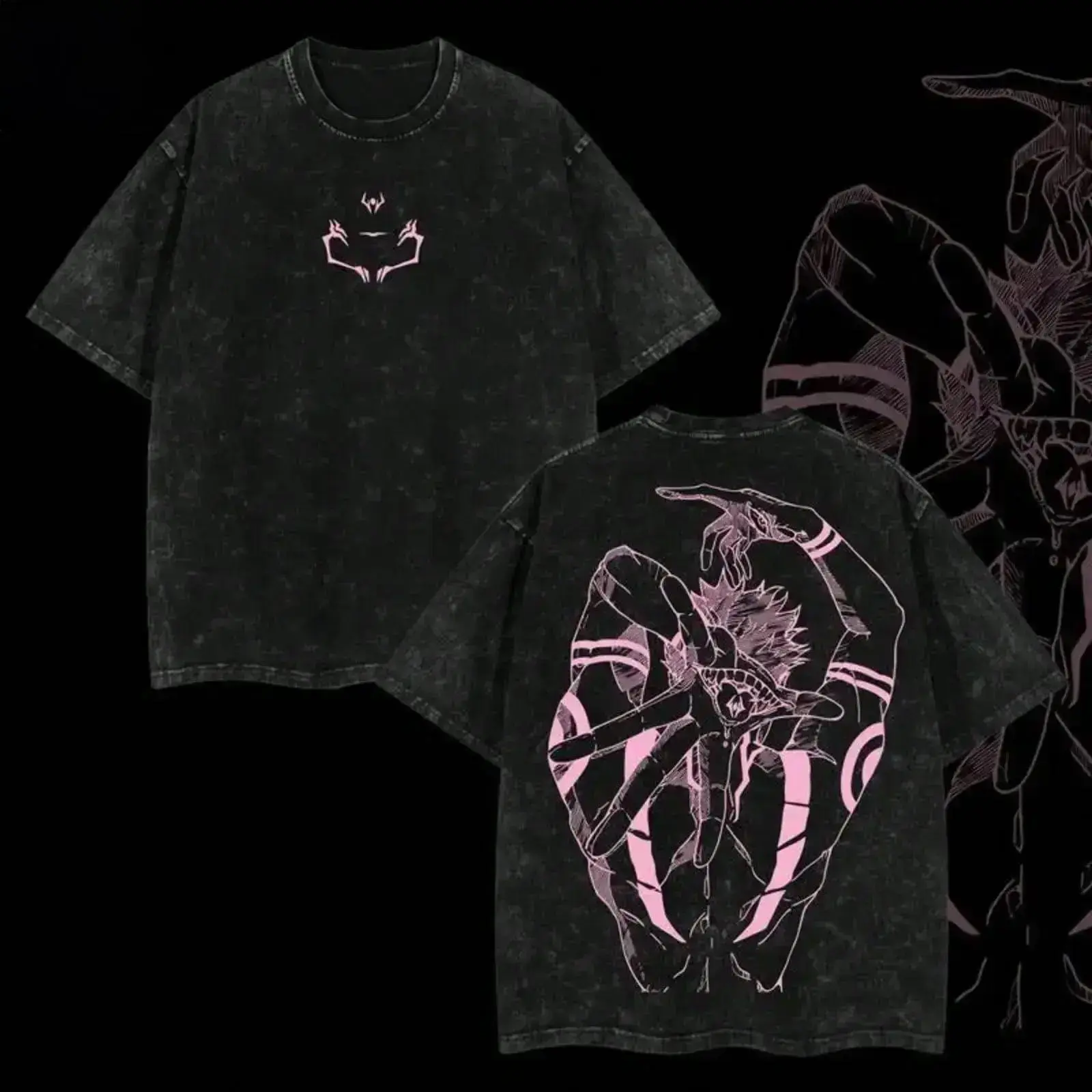 Sukuna Graphic T-Shirt for Men, Jujutsu Kaisen Vintage Washed Oversized Streetwear in Soft Heavyweight Cotton, Apparel, Menswear, Ribbed, Round Neck, Stylish