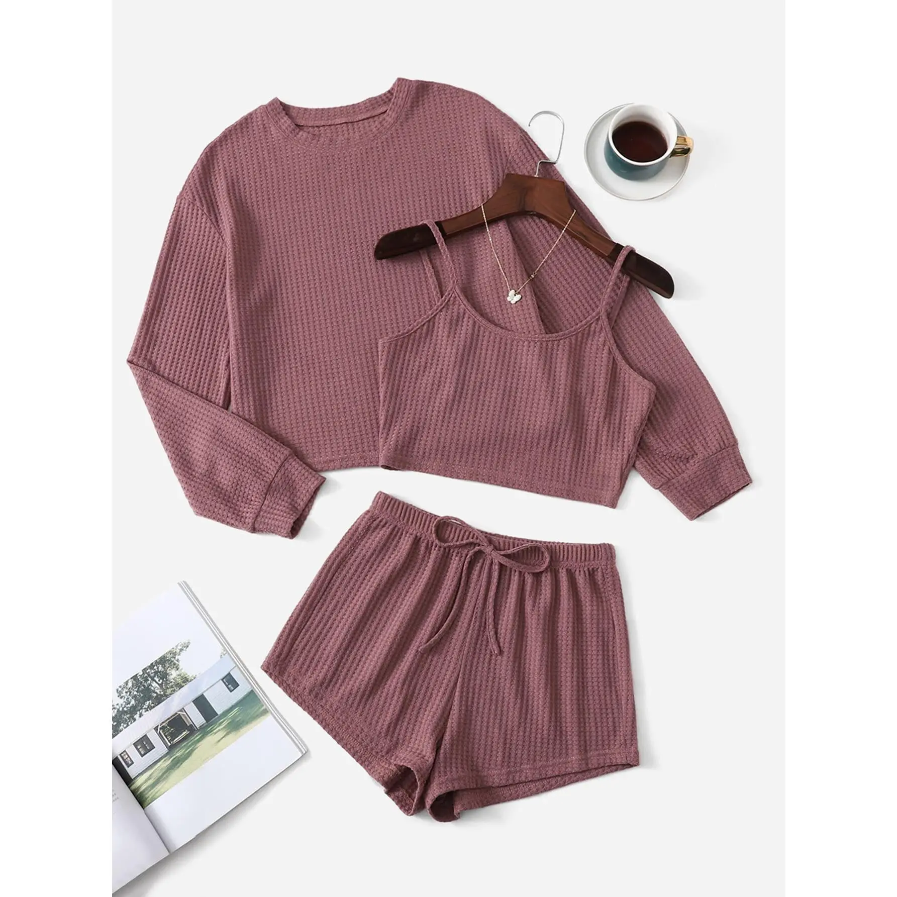 Plus Waffle Knit Cami Top & Shorts & Drop Shoulder Tee PJ Set / Pajama Set