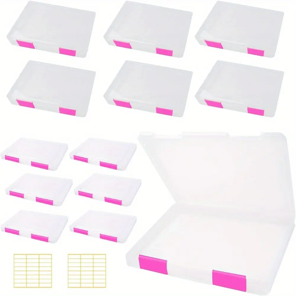 12 Pcs Clear A4 A5 File Box Document Plastic Storage Box with 48 Labels File Holder Organizer Paper Plastic Case Magazine Protector with Buckle Office School Supplies(Pink)