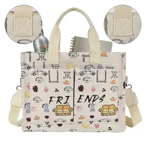 Tote Bag for Women 14 inch Laptop Compartment, Friends Inspired Canvas Work Bag, Large Handbag with Crossbody Strap, Sturdy Upright Office Purse for Teacher Nurse