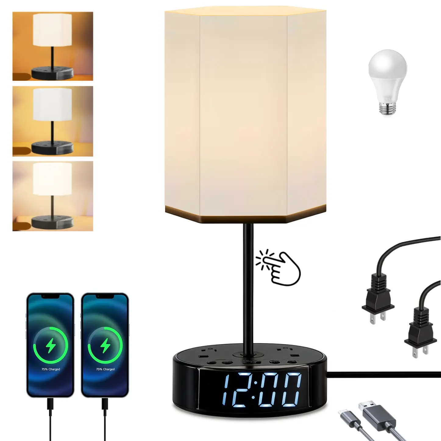 Alarm Clock Charging Station with USB-C & USB, White Noise Sound Machine, Night Light, Loud Dual Alarm Clock for Heavy Sleepers, Kids & Adults