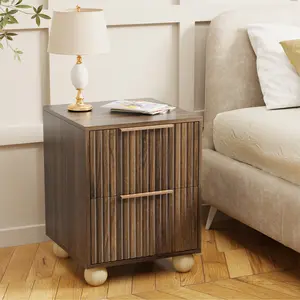 Fluted Nightstand, Natural Oak Finish Bedside Table with Spacious Storage Drawers, Night Stand with Solid Wood Round Legs , End Table, Side Table for Bedroom