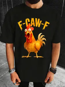 Funny Chicken Pattern Shirt with F-Caw-F Text Print, Casual Short Sleeve Top for Daily Wear, Party & Events, Breathable