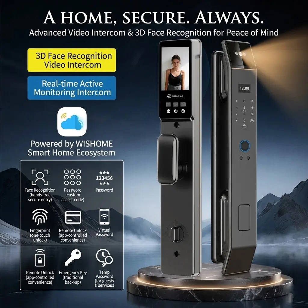 Smart Face Recognition Digital Door Lock with Video Intercom, Biometric Fingerprint and Keypad, Keyless Touchless Entry, Works with Wishome App, 6068 Mortise, Electronic Door Lock, Smart Door Locks