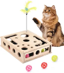 Cat Toys for Indoor Cats - Interactive Box Puzzle Toy Nail File Scratcher Hunting Play Toy with 3 Jingle Balls & 1 Feather Wand, Wooden Puzzle Treat Toy Box Energize Cat Instincts for Bored Cats
