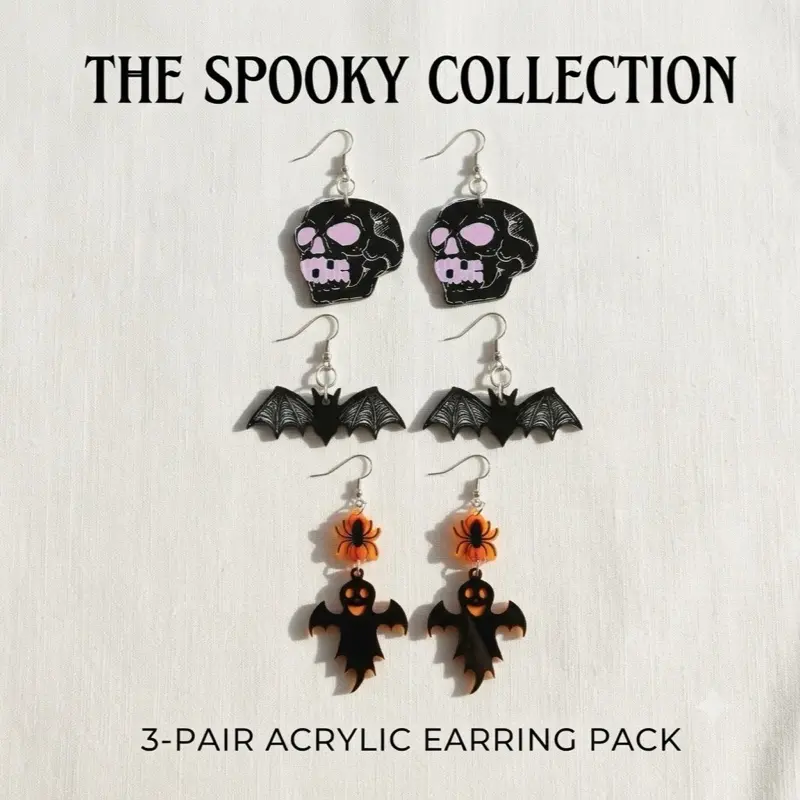Female Halloween Spooky Hook Earrings, 3-Pair Alloy Bundle with Teardrop Design, Great Value Casual Fashion Costume Jewelry Accessory